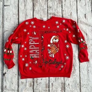 Vintage 1980s Happy Holidays Christmas Teddy Bear Xmas Red 80s Sweatshirt